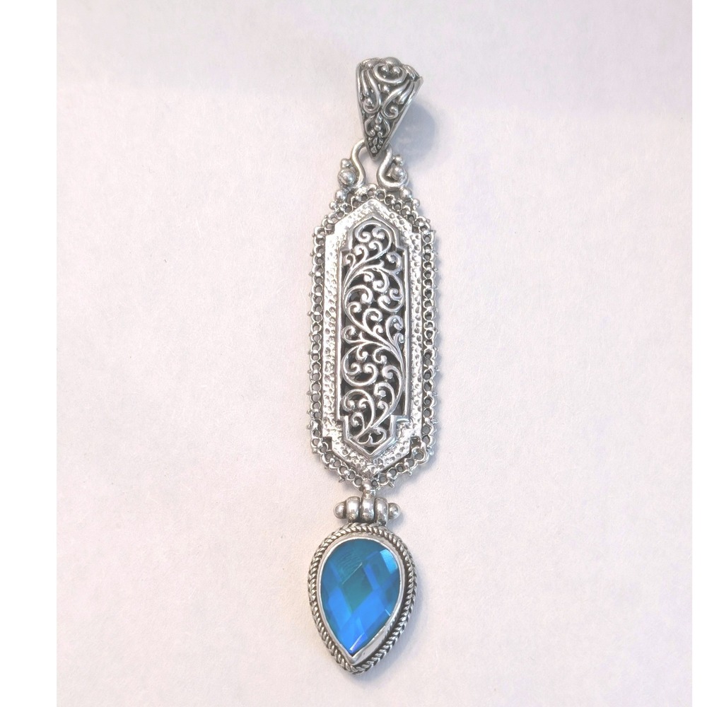 Sarda 925 Sterling Silver Balinese‎ Filigree Blue Topaz Pear Drop Pendant